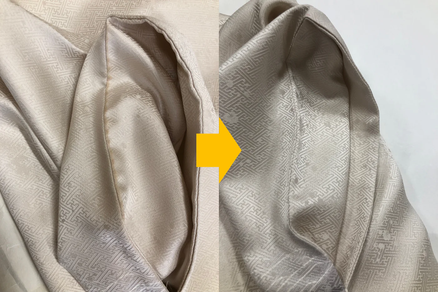 淡い色の着物の袖口を部分的にお手入れした前後